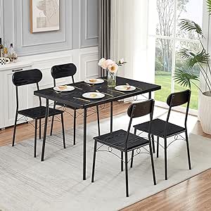 VECELO Dining Set 5 Piece Dinette Kitchen, Breakfast Nook and Small Space, Black, Table & Chair for 4