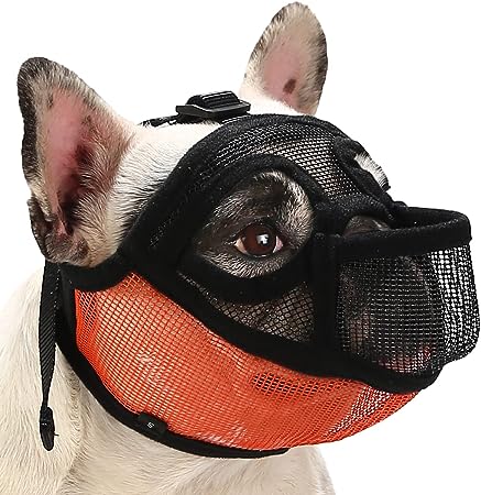 French Bulldog Muzzle, Short Snout Dog Muzzle for Shih Tzu English Bulldog, Mesh Dog Muzzle with Tongue Out Design, Flat Face Dog Muzzle for Biting Chewing Grooming (L(Head 20.8-23.2in), BlackOrange)