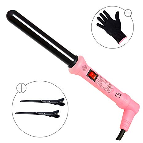 Le Angelique 1 Inch Curling Iron Wand with Glove and 2 Clips Set - 450F Instant Heat 25mm Ceramic Coating Dual Voltage Professional Hair Curler for Beach Waves, Short & Long Curls - Pink Zebra