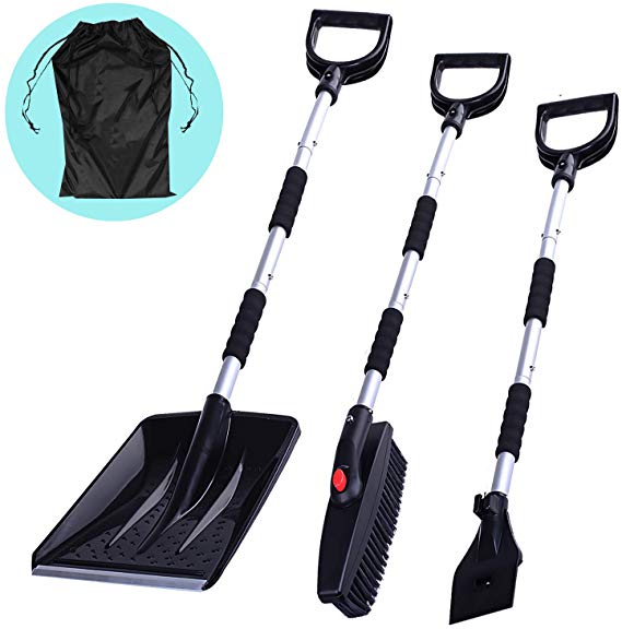 3-in-1 Snow Brush Kit, Collapsible Snow Brush with Ice Scraper and Snow Shovel, Emergency Snow Removal Car Set, Portable Snow Remover for Truck, Camping, Backyard, with Carrying Bag
