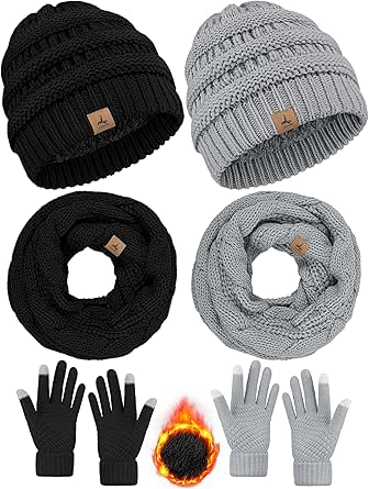 Winter Beanie Hat Scarf Gloves, 2 Set Warm Fleece Knit Winter Hats Touch Screen Gloves Neck Scarf Set Winter Gifts Women