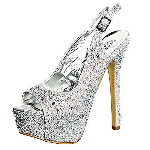 shoewhatever Women's Evening Prom Rhinestones Peep Toe High Heel Platform Satin Wedding Shoes