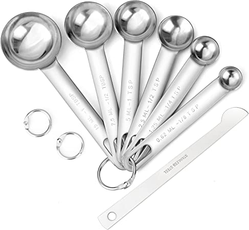 Stainless Steel Measuring Spoons Cups Set, Small Tablespoon, Teaspoons, Set 6 with Bonus Leveler, Etched Markings and Removable Clasp for Dry and Liquid, Fits in Spice Jars