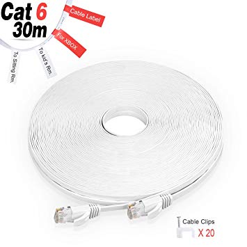 GLCON Ethernet Cable Cat6 30M 100ft Long High Speed 250Mhz 1GB Gigabit Lan Network Cable Flat White 10Gbps RJ45 Connectors Compatible with Switch/Router/Modem/Patch panel/Access Point/patch field