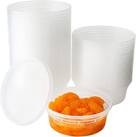 Deli Grade, BPA Free 8oz Plastic Containers with Lids, 48ct. Leakproof, Microwavable Portion Container for To-Go Orders, Food Prep and Storage. Reusable Takeout Cups for Restaurant, Cafe and Catering