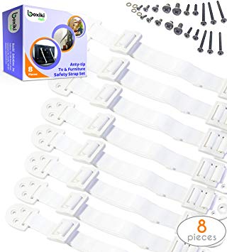 Adjustable Anti-Tip Furniture Anchor Set. 8 PC Baby Safety Wall Straps by Boxiki Kids. Earthquake Restraint Straps and TV Wall mounts. (White)