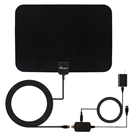 Reignet TV Antenna Amplified Indoor HDTV Antenna 50 to 70 Mile Range with Detachable Amplifier Signal Booster and 16.5FT Coax Cable - Black