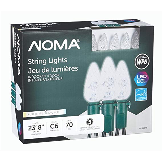 NOMA Holiday Christmas Lights | C6 LED White Bulbs | Outdoor & Indoor | 70 Light Set | 23.8 Foot Strand | 5 Year Warranty