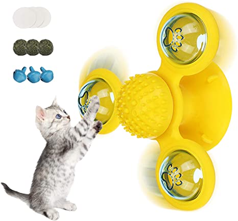 CAVEEN Cat Toys Interactive Chew Toy Windmill Cat Catnip Toy for Indoor Cats,Upgrade Cat Toothbrush Cat Hair Brush Funny Kitten Toy Turntable Massage Scratching Tickle Toy with Suction Cup