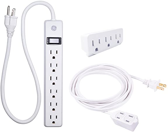 GE Power Value Pack, 6 Outlet Power Strip, 3 Outlet Extension Cord, 3 Outlet Wall Adapter Tap, Variety Pack, Wall Mount, White, 10661