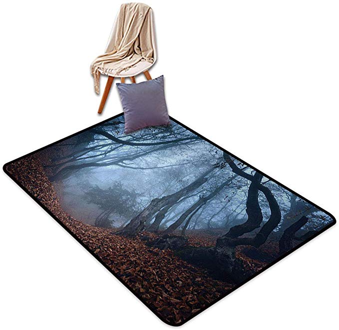 Forest Decor Area Rugs Floor Covers, Dim Gloomy Crimea Forest with Swirling Bushes Myst Wild Woodland Photo Floor Mat Rug for Bedroom Living Room, 5' x 8' Orange White Brown