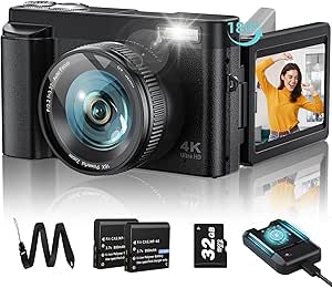 Upgrade 4K Digital Camera for Photography 48MP with 3'' 180° Flip Screen 16X Zoom Autofocus Vlogging Camera for YouTube, Compact Point and Shoot Cameras with 32G Card, 2 Batteries & Battery Charger