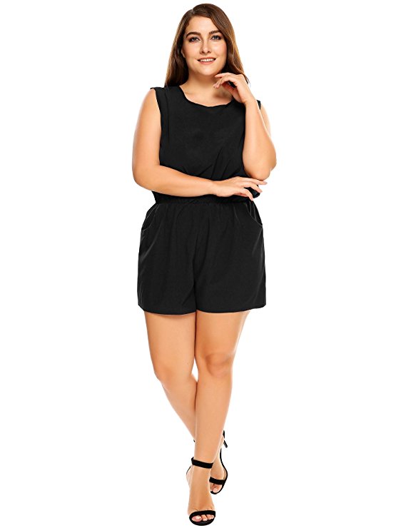 Womens Plus Size Sleeveless Rompers and Jumpsuit w/ Pockets - Ladies Cut Out Back Elastic Waist Summer Beach Casual Playsuit