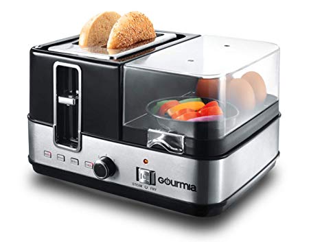 Gourmia GBF370 4 in 1 Breakfast Station - 2 Slice Toaster, Egg Cooker and Poacher, Vegetable Steamer, Bacon and Meat Steaming Tray - One Touch Controls - Stainless Steel