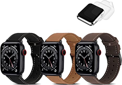 (3 Pack) Compatible with Apple Watch Band 45mm 44mm 42mm, G.P Genuine Leather Band Replacement Strap Compatible with Apple Watch Series 7/6/5/4/3/8/SE, Coffee Brown Black Band with Black Adapter,2x Screen Protector As Bonus