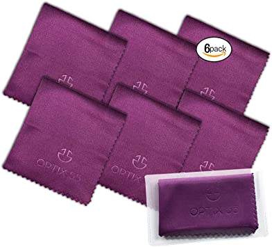 Microfiber Cleaning Cloths (6"x7") 6 Pack in Individual Vinyl Pouch | Glasses Cleaning Cloth for Eyeglasses, Phone, Screens, Electronics, Camera Lens Cleaner (6 Pack - Purple)