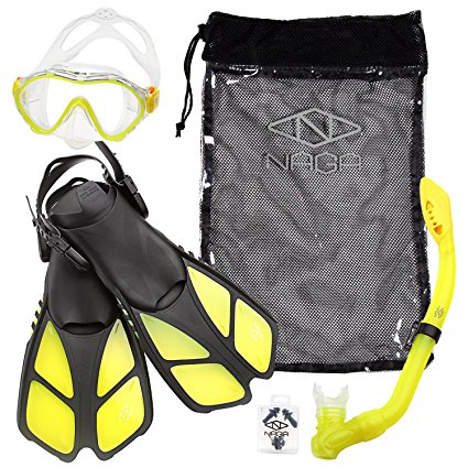 Naga Sports Kids Snorkel Set with Dry Top Snorkel, Single Lens Mask, Trek Fins, Mesh Bag - Choose Your Color