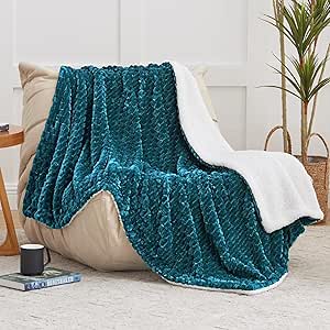 EXQ Home Sherpa Fleece Blanket Twin Size for Couch or Bed - 500GSM Thick Warm Imitation Turtle Shell Jacquard Decorative Blankets - Cozy Soft Lightweight Fuzzy Flannel Blanket(60"×80",Teal)