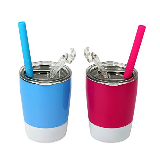 Housavvy 2 Piece Toddler Double Wall Stainless Steel Cups with Lids and Straws (Hot Pink/Light Blue)
