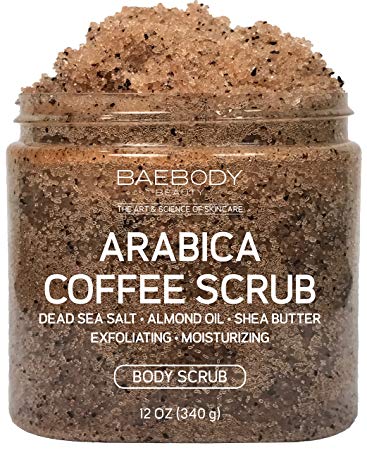 Baebody Arabica Coffee Scrub - With Dead Sea Salt, Olive Oil, and Shea Butter. Exfoliator, Moisturizer Promoting Radiant Skin 12oz