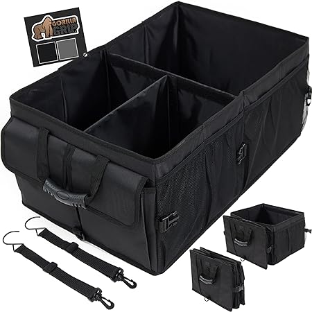 Gorilla Grip Large Capacity Sturdy Trunk Storage Organizer, Slip and Water Resistant Collapsible Organization Container for Car Sedan or SUV, Multi Compartment Container Box Vehicle Accessories, Black