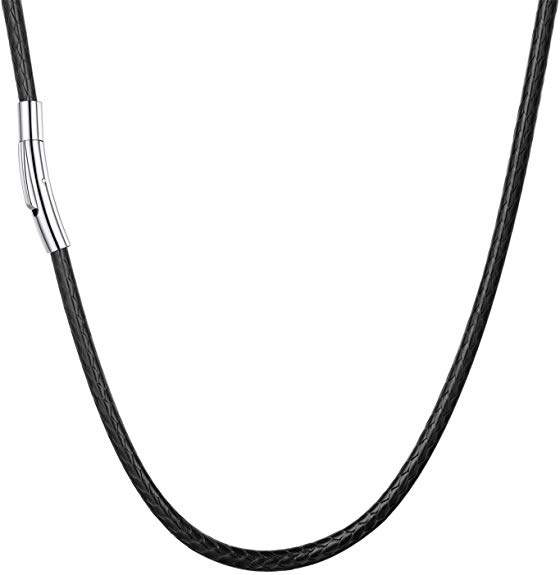 U7 2mm 3mm Black/Brown Leather Cord Necklace with Customizable Stainless Steel Clasp, Men Women Woven Wax Rope Chain for Pendant,Length 16" 18" 20" 22" 24" 26" 28" 30"