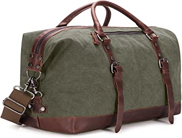 BAOSHA Canvas PU Leather Travel Tote Duffel Bag Carry on Bag Weekender Overnight Bag, Army Green, L