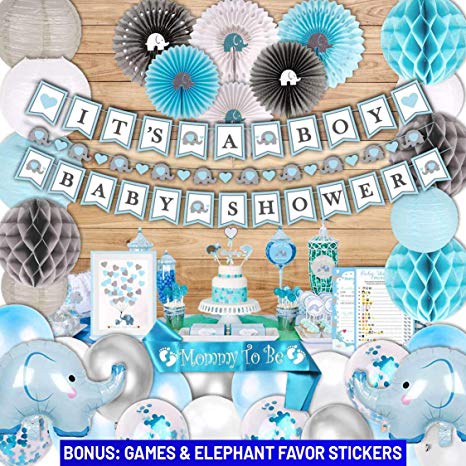 183 Piece Blue Elephant Baby Shower Decorations for Boy Kit - It's a BOY Pre-Strung Banners and Garland Guestbook Mommy to Be Sash Balloons Cake Toppers Paper Fans Lanterns, Games & Thank You Stickers