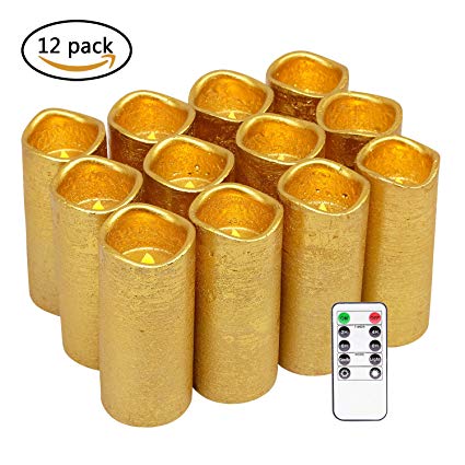 Flameless Flickering Candles Set of 12(H 5" X D 2.2") Battery Operated LED Candles Gold Real Wax Pillars Warm White Light with Remote Control and Timer for Christmas Holiday Decoration by Eldnacele