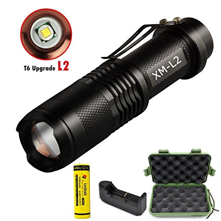 Ledeak 800 lumen Mini Cree XM-L2 Tactical Waterproof 5 Mode Zoomable Flashlight with 18650 3200mah Rechargeable Battery and Charger for Home Camping Hiking Emergency Cycling