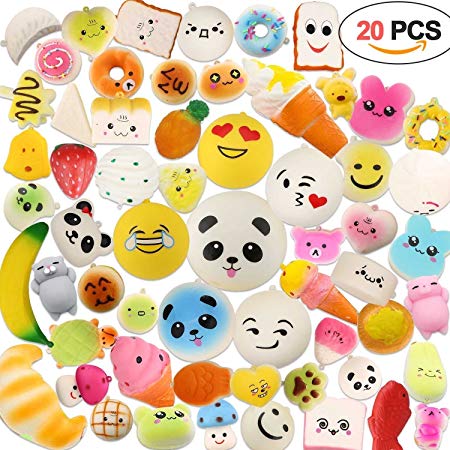 Squishy Toys 20 PCS, Acetek Party Bag Fillers Gifts Party Favors for Kids Cute Kawaii Soft Squish Toy Slow Rising Stress Relieve Squeeze Lovely Fidget Key Chain Strap Charms Pendent Decoration