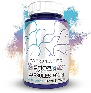 Nootropics Depot Erinamax Lion's Mane 500mg Capsules | Liquid Culture Mycelium | 2.5mg Erinacine A | Mood, Cognition, & Nerve Support | 120 Count