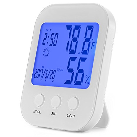 ENGREPO Indoor Humidity and Thermometer Monitor, Digital Alarm Clock, Calendar and Home Weather Station, Large LCD Backlight Display
