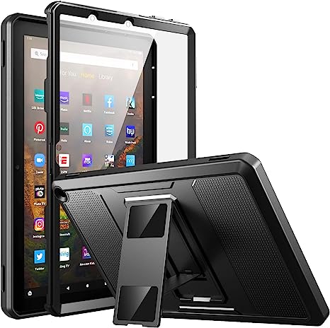 MoKo Case Fits All-New Kindle Fire HD 10 & 10 Plus tablet (11th generation, 2021 release) 10.1", Full Body Rugged Hands-free Viewing Stand Back Cover with Screen Protector, Black