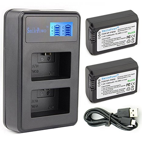 SmilePowo 2 Pack NP-FW50 Battery and Dual Battery Charger With USB LED Display for Sony Alpha ILCE NEX SLT Cyber-shot Camera