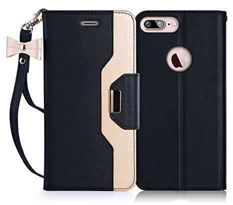 iPhone 8 Plus Case, iPhone 7 Plus Case, FYY [RFID Blocking wallet] [Makeup Mirror] Premium PU Leather Apple iPhone 8 Plus/iPhone 7 Plus Wallet Case with Cosmetic Mirror and Bow-knot Strap Black   Gold