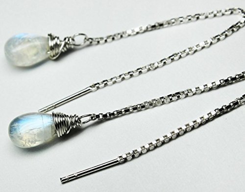 Moon stone threader earrings, Dainty delicate earring, blue flashy glow moonstone, sterling silver jewelry, modern minimalist teardrop