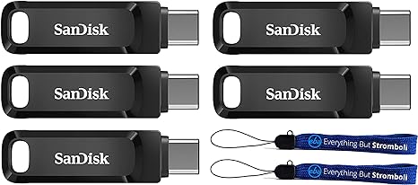 SanDisk 64GB Ultra Dual Drive Go (SDDDC3-064G-G46) 2-in-1 USB Type-A & Type-C Flash Drive - 5 Pack Bundle with 2 Everything But Stromboli Lanyards