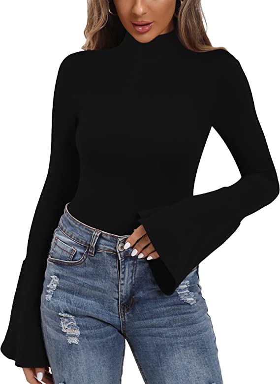 MANGOPOP Bell Sleeve Mock Neck Long Sleeve Short Sleeve Bodysuit for Going Out Tops for Women