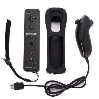 FastSnail Nunchuck Motion Plus and Remote Controller Set for Nintendo Wii & Wii U & Mini Wii with Silicon Case Black