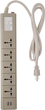 Multi-outlet Universal Power Strip with 2 USB Ports and 5-Outlets 110 Volt to 250 Volt Surge Protector, 3750 Watts 15 Amp, Worldwide Use with USA Plug (USP500)