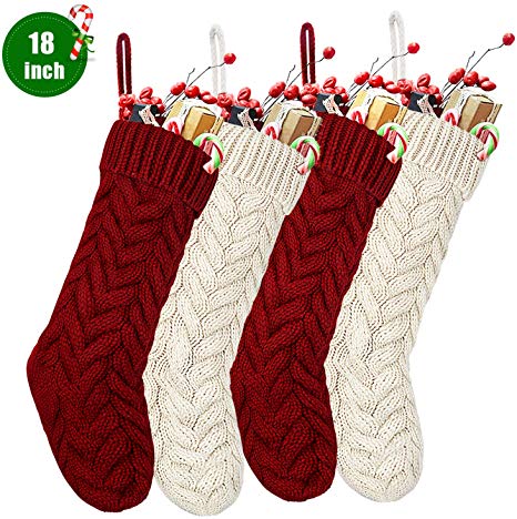 SEVENS Knit Christmas Stockings, 4 Pack 18" Large Cable Xmas Stockings Classic Burgundy Red & Ivory White Chunky Hand Stockings