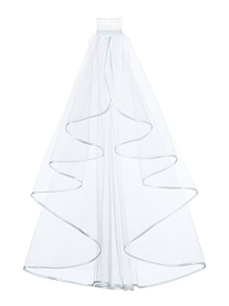 28" Short Wedding Veil for Bride - 1T 1 Tier Ribbon Edge with comb ( White )
