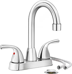 Phiestina Chrome 2 or 3 Hole Bathroom Sink Faucet 4 Inch Centerset, Two Handles Copper Faucet, with Metal Pop-up Drain Assembly with Overflow, CUPC Water Supply Line, BF02011-B11-C