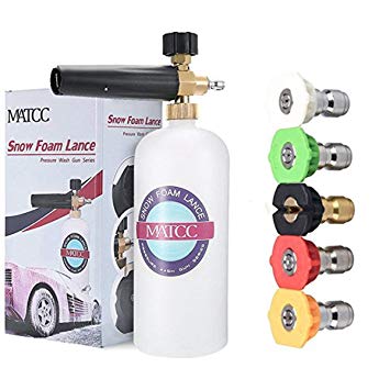 MATCC Adjustable Foam Cannon 33 fl. oz (1Liter) Bottle Snow Foam Lance with 1/4'' Quick Connector Foam Blaster, 5 Pressure Washer Nozzles for Cleaning