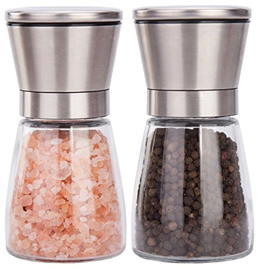 Salt and Pepper Grinder Set - Best Salt Pepper Shaker Grinder for White, Black, Red Pepper Grinder Mill-Premium Stainless Steel and Elegant Clear Glass-Easy to Fill Salt and Pepper Mill Set (Set of 2)