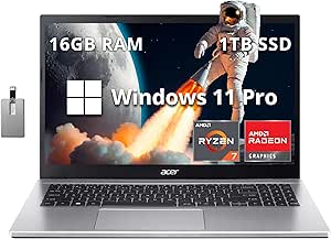 acer Aspire 3 15.6" FHD Laptop, AMD Ryzen 7 5700U Processor, 16GB RAM, 1TB SSD, AMD Radeon Graphics, Numeric Keypad, 720p HD Webcam, Wi-Fi 6, Windows 11 Pro, Silver, 32GB Hotface USB Card