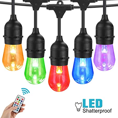 48FT Color Changing Outdoor String Lights, Commercial Grade Led String Lights with Remote Control Color Change - Waterproof Plastic Bulbs for Patio, Garden, Bistro, Café