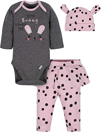 Gerber Baby Girls' 3-Piece Bodysuit, Pant and Cap Set