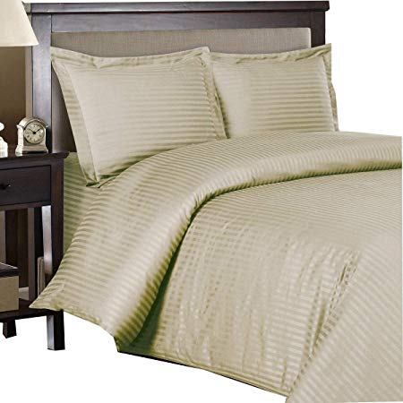 Royal Hotel Stripe Beige 3pc Full/Queen Comforter Cover (Duvet Cover Set) 100-Percent Cotton, 500-Thread-Count, Sateen Striped